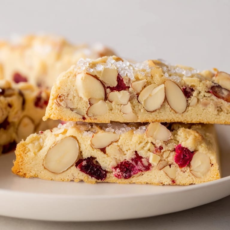 Warm, inviting image of Cherry Almond Shortbread Wedges, showing a satisfying crumb and baked golden brown.