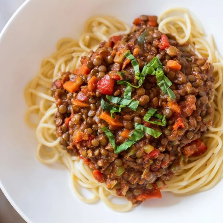 Close-up of bubbling Hearty Lentil Bolognese, a plant-based sauce with visible vegetables, perfect for pasta night.