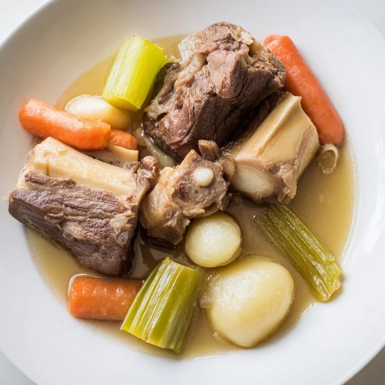 A warm bowl of Pot-au-Feu: aromatic French beef stew with a fragrant, vegetable-filled broth.
