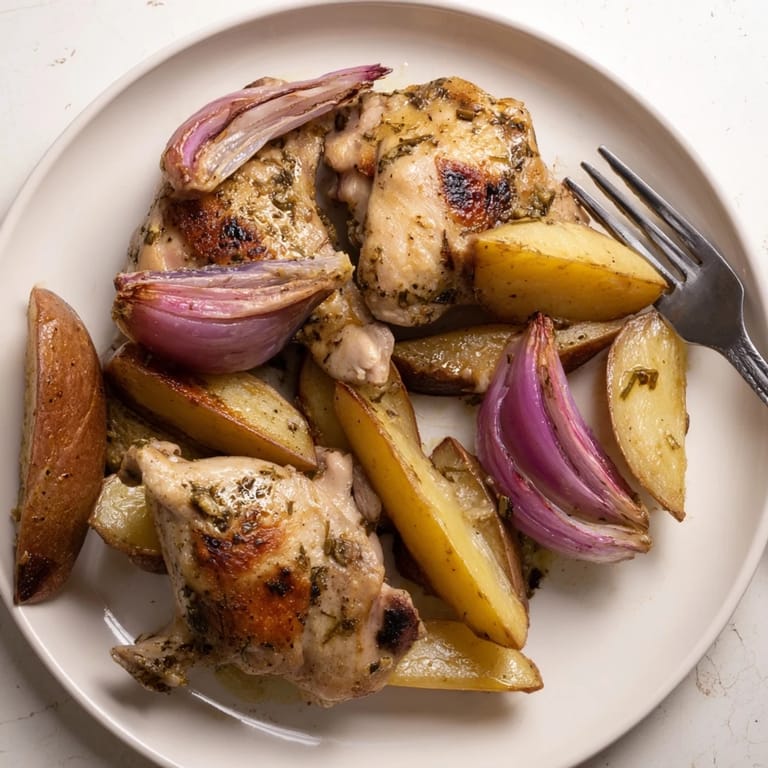 A close-up of tender Greek Lemon Chicken and Potatoes, garnished with fresh herbs and lemon wedges.