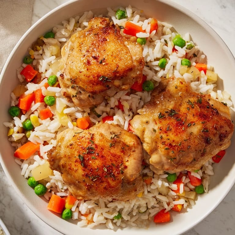 A close-up view of the simple, comforting one-pot chicken and rice served in a rustic bowl.