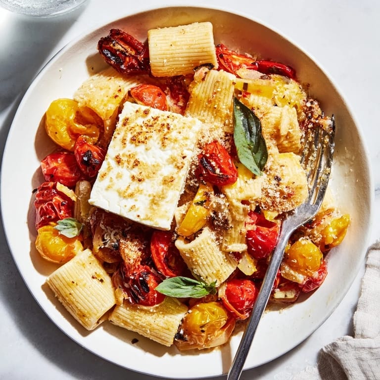 A vibrant dish of Baked Feta Snowfall Cherry Tomato Christmas Pasta, perfectly capturing holiday flavors with Parmesan snow.
