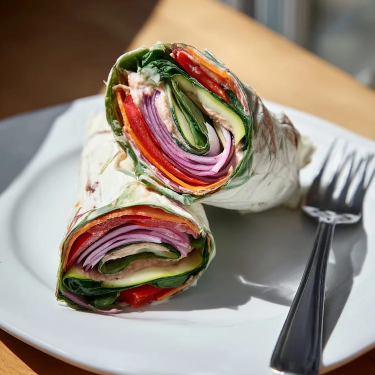Appreciating the vibrant colors of a flavorful Snowflake Hummus & Roasted Veggie Wrap for a satisfying meal.