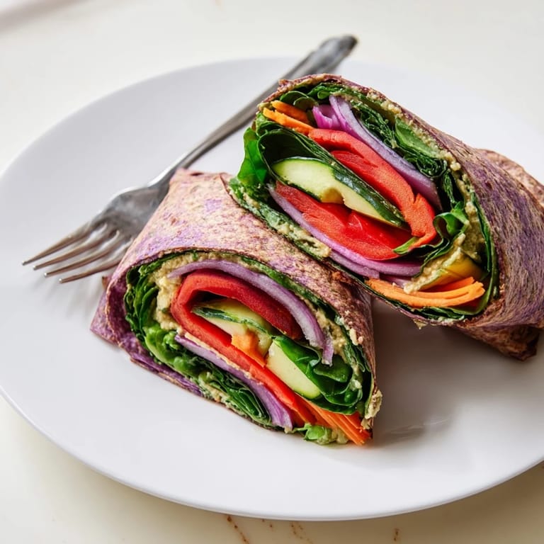 A close-up shot of a beautifully layered Snowflake Hummus & Roasted Veggie Wrap, perfect for lunch.