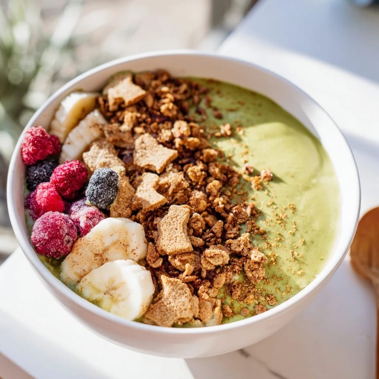 Imagine the spiced aroma of this Gingerbread Cookie Matcha Breakfast Smoothie Bowl, garnished with festive cookie crumbles.