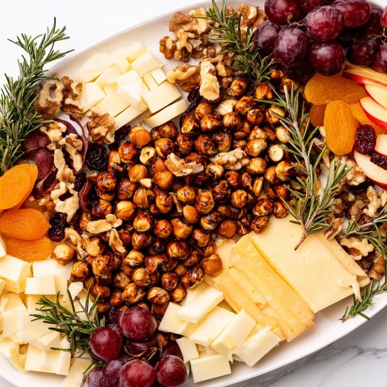 The Squirrels Acorn Hoard Platter, full of golden roasted acorns, nuts, and fresh fruit, ready to enjoy.