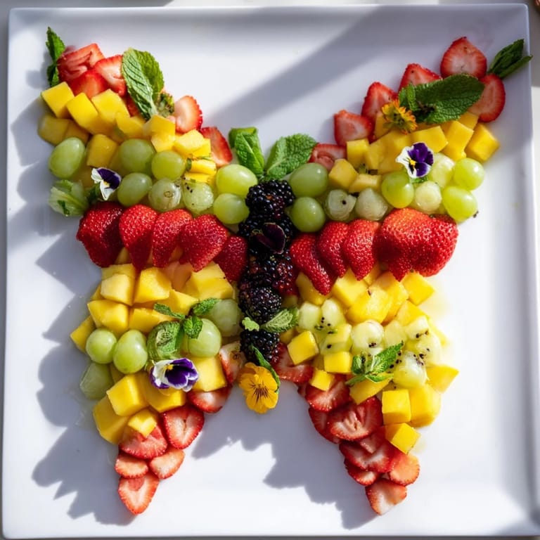 Vibrant Butterfly Bloom Fruit Board showcases fresh strawberries, grapes, and kiwi, an amazing and healthy snack.