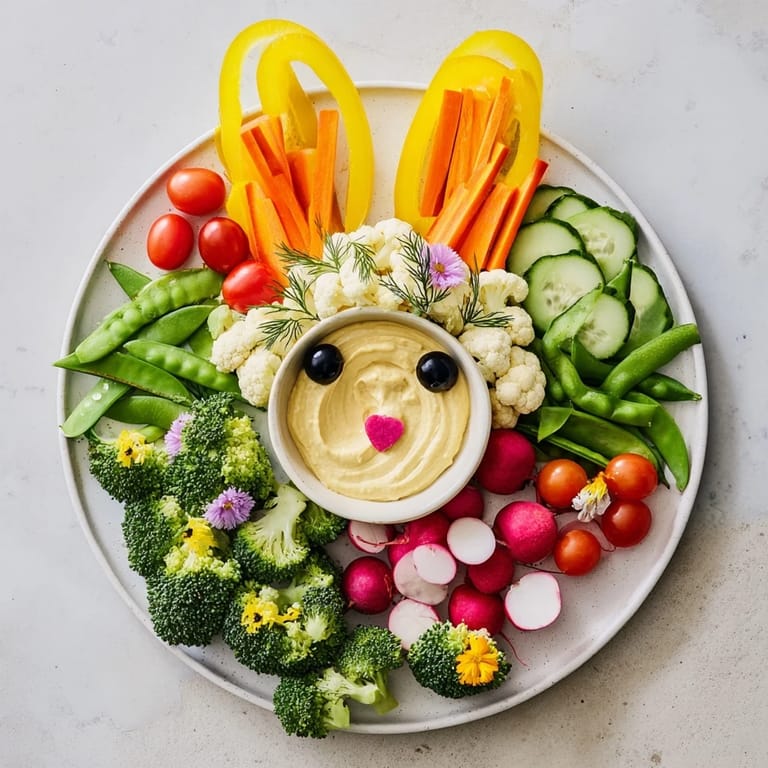 Picture a colorful Bunny Meadow Veggie Board: a healthy, festive appetizer arranged like a bunny in a garden.
