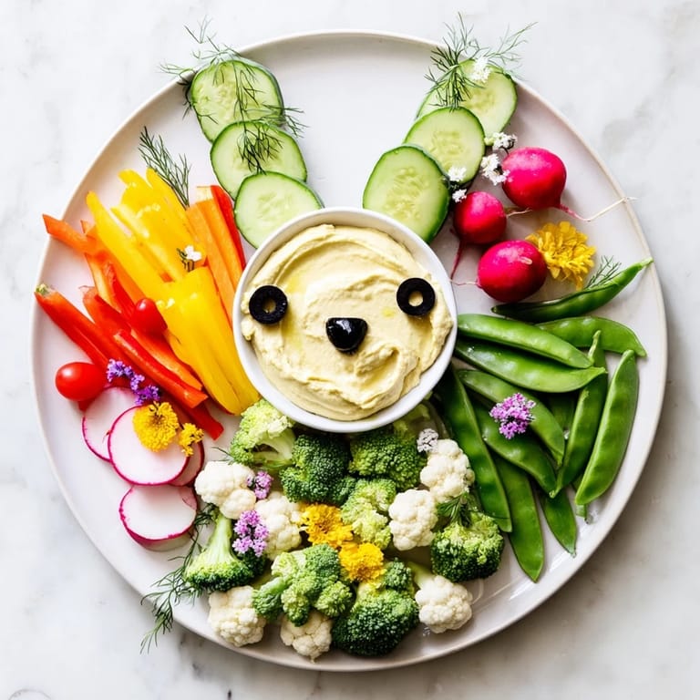 Celebrate Easter with a whimsical Bunny Meadow Veggie Board, starring fresh vegetables and delicious dip.