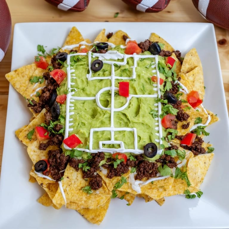 This delicious soccer field nacho platter showcases melted cheese, ground beef, and colorful toppings, perfect for sharing.