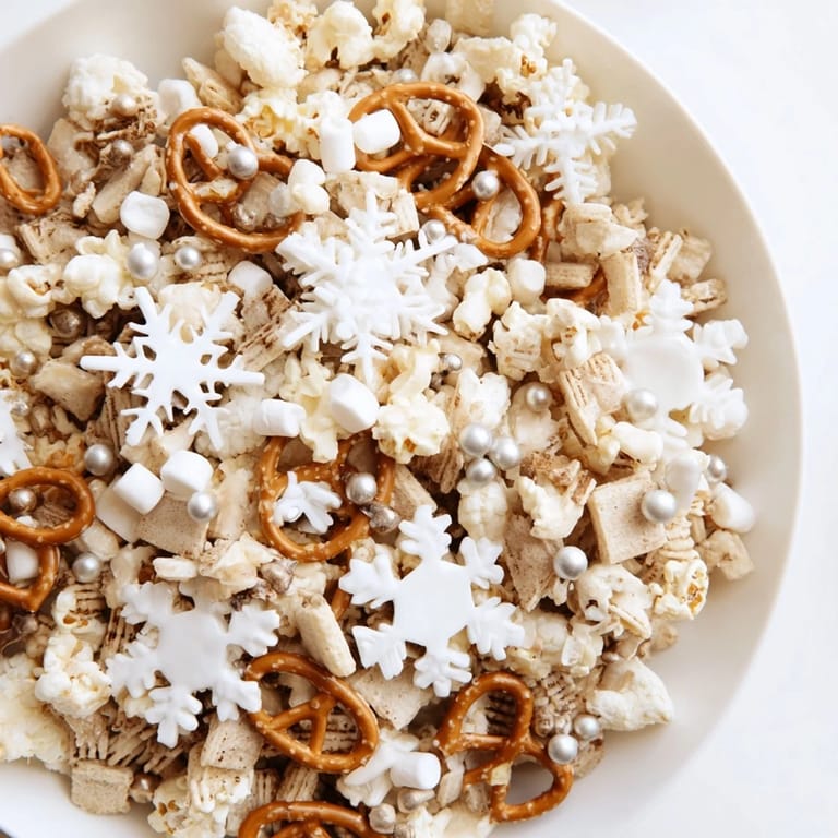 Golden pretzels, popcorn, and cereal in the delicious Ski Season Snowflake Snack Mix, ready to eat.
