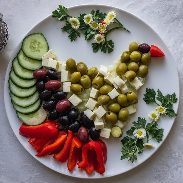 Vibrant Colombe de la Paix Olive Platter featuring Kalamata olives, feta, and fresh cucumber slices ready to serve.