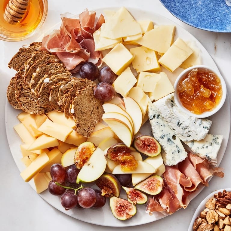 Vibrant Wine & Food Pairing Platter ready to serve, with cheeses, fruits, and charcuterie awaiting wine.