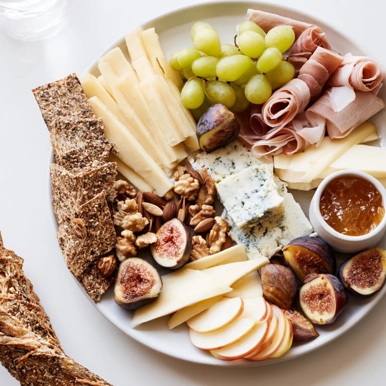Delectable Wine & Food Pairing Platter featuring a spread of cheeses, meats, and colorful seasonal fruits.