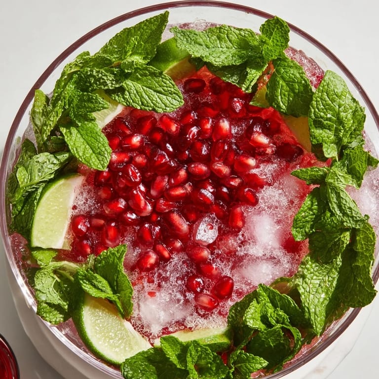 Easy to make pomegranate and mint wreath recipe with sparkling juice, creating a refreshing, celebratory experience.