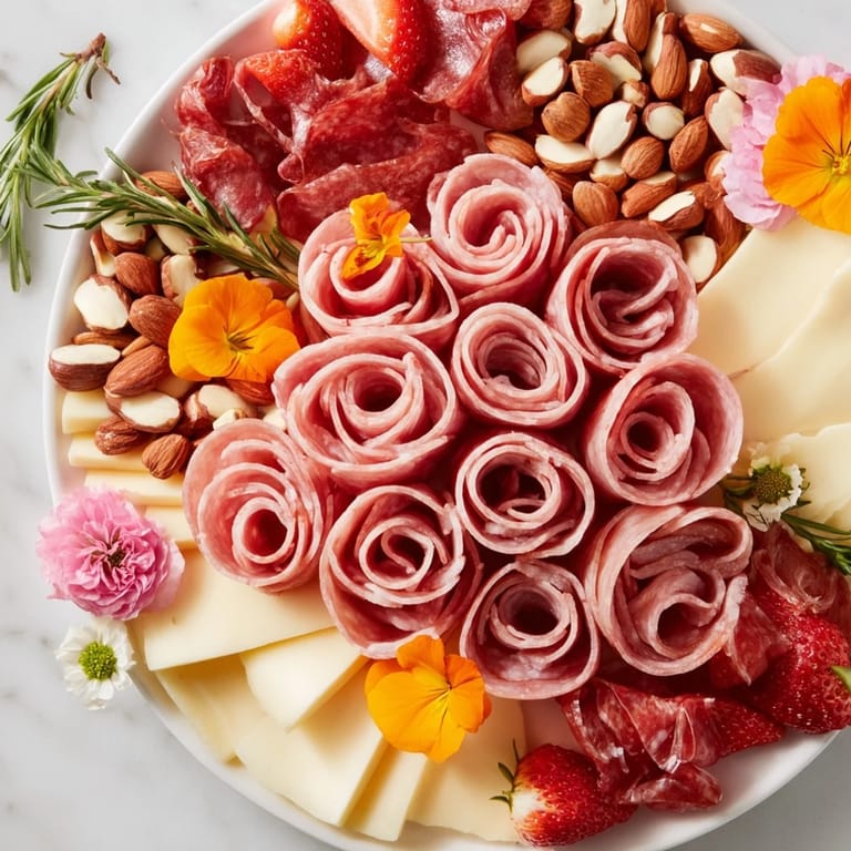 Vibrant Meat and Cheese Rose Garden Board with fresh fruit and olives, ready to enjoy.