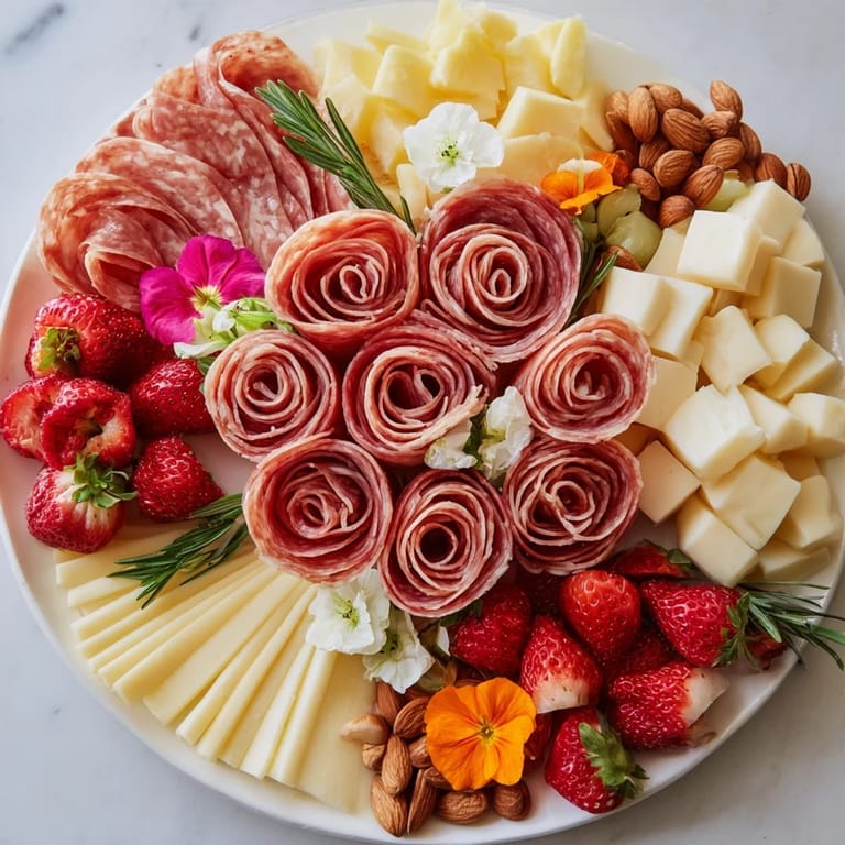 Elegant arrangement; a Meat and Cheese Rose Garden Board featuring savory meats and artisan cheeses.