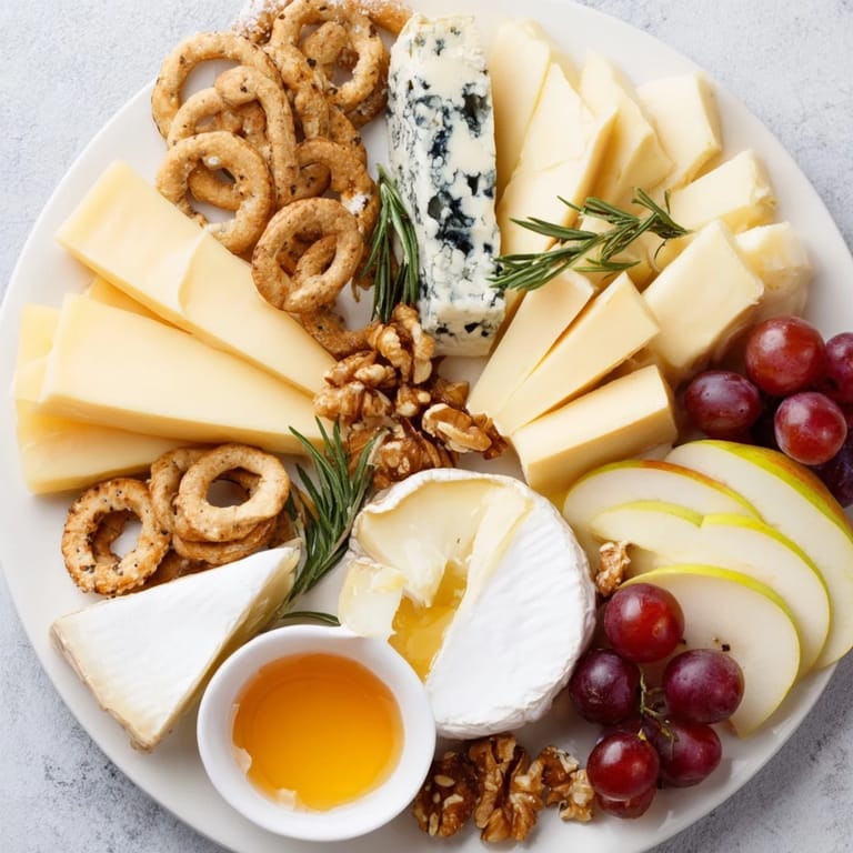 Inviting cheese plate arrangement showcases diverse cheeses around crisp cracker rings with grapes and apples.
