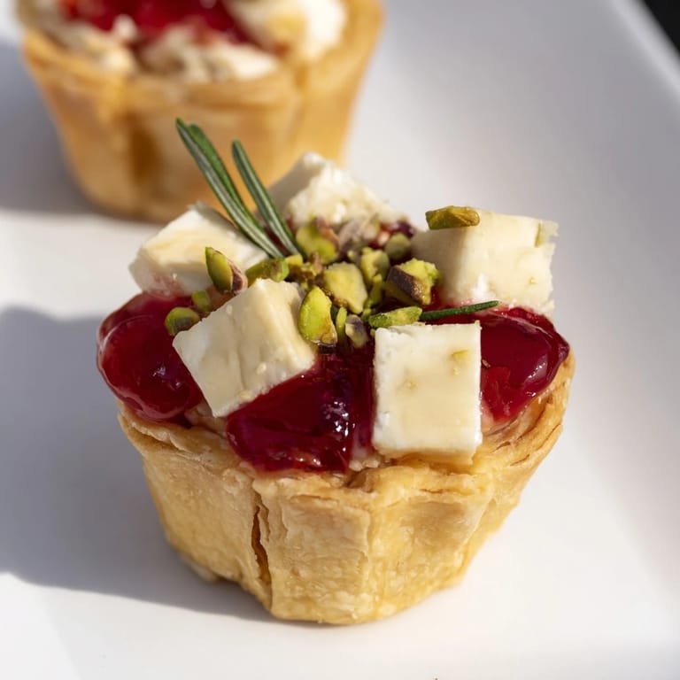 A beautiful close-up of a festive Mini Cranberry Brie Tart Wreath, perfect for holiday appetizers.