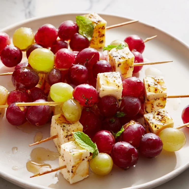 Delectable Sparkling Grape and Cheese Skewers: see juicy red grapes paired with creamy cheese, drizzled with honey.