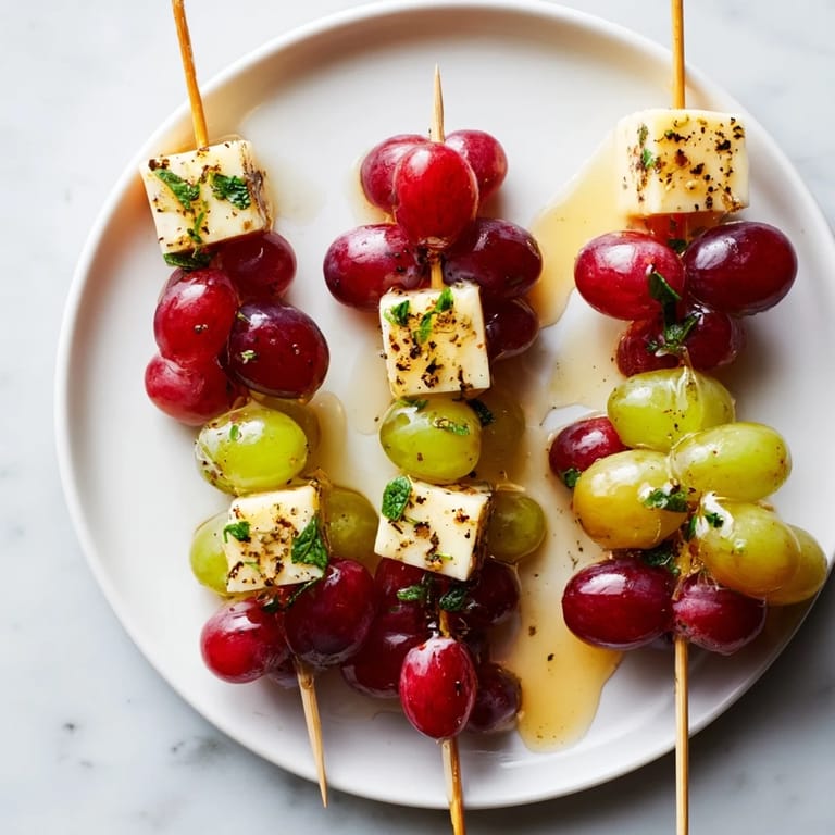 Festive Sparkling Grape and Cheese Skewers arranged on a platter ready to serve with sparkling wine.