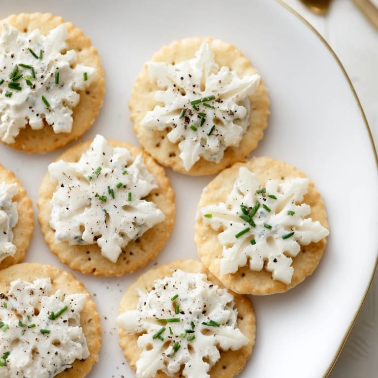 Crisp crackers hold creamy cheese snowflakes, making a lovely bite-sized appetizer.