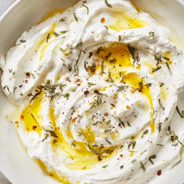 Bright white Angel Wings Whipped Feta Dip, tantalizing with fresh herbs and a drizzle of honey.