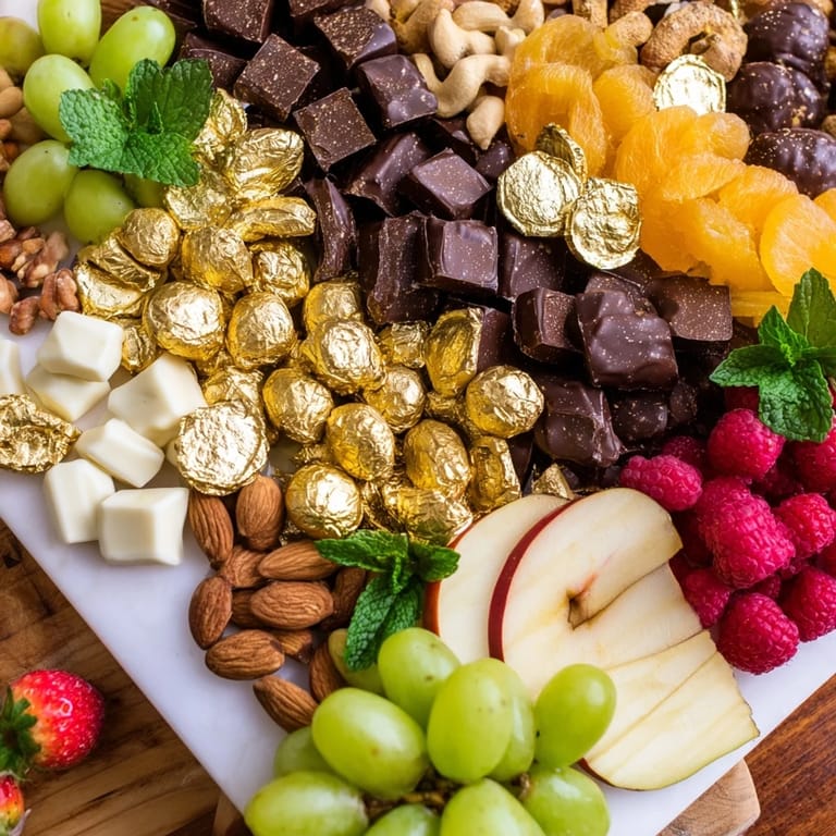 A close-up view of the New Year's Gold Foil Wrapped Chocolate Board, perfect for elegant entertaining.