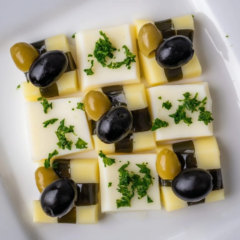 This savory Cheese and Olive Chess Board features vibrant black and green olives alongside creamy cheeses.