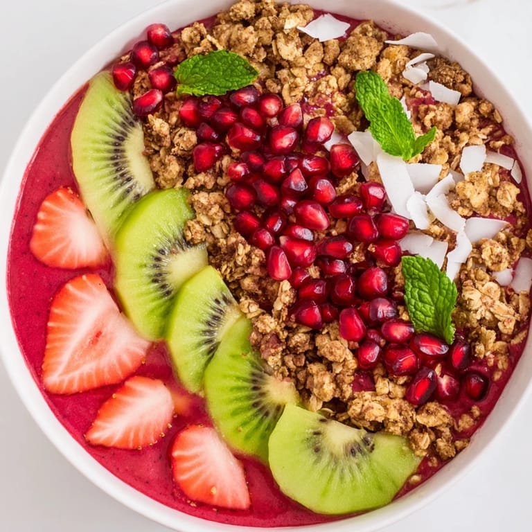 A close-up of colorful Festive Red and Green Smoothie Bowls with ripe kiwi slices and fresh mint.