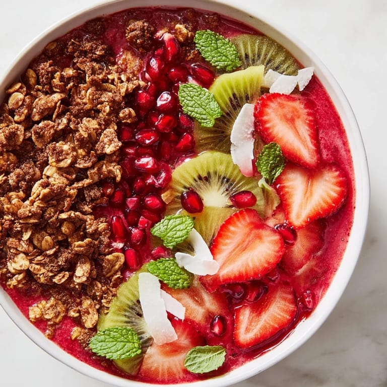 Vibrant Festive Red and Green Smoothie Bowls, a delicious breakfast with creamy red and green layers and fruit.
