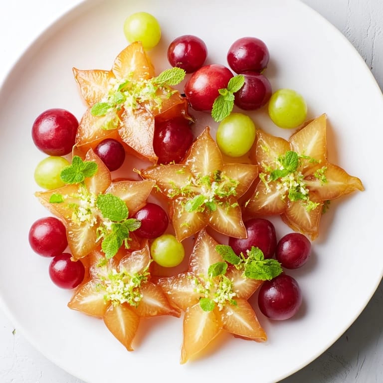 Fresh, sliced starfruit and plump grapes offer a vibrant, sweet taste as a beautiful brunch garnish.