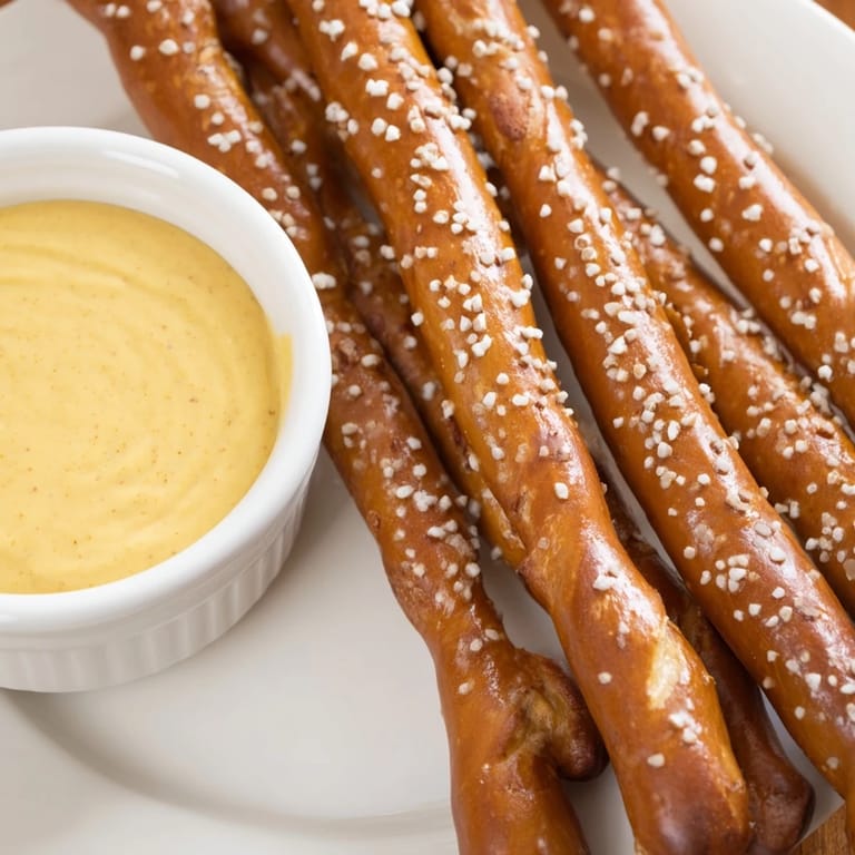 Golden brown pretzel rods alongside a creamy, spicy hot mustard dip, ideal for appetizer sharing.