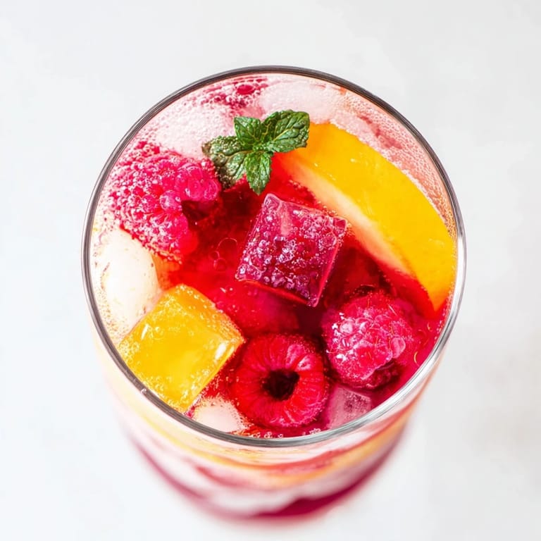 Brightly colored glasses filled with refreshing sparkling juice with raspberries, a non-alcoholic treat.