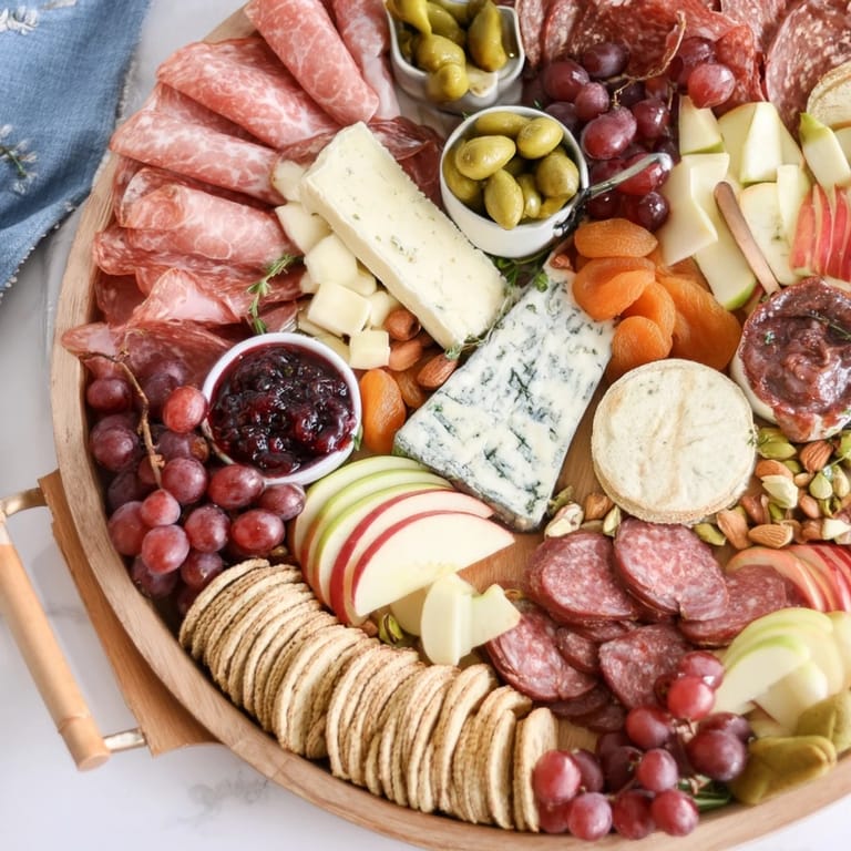 Festive Elegant Gilded Edge charcuterie and cheese board, ready to serve and creating a beautiful, edible edge.