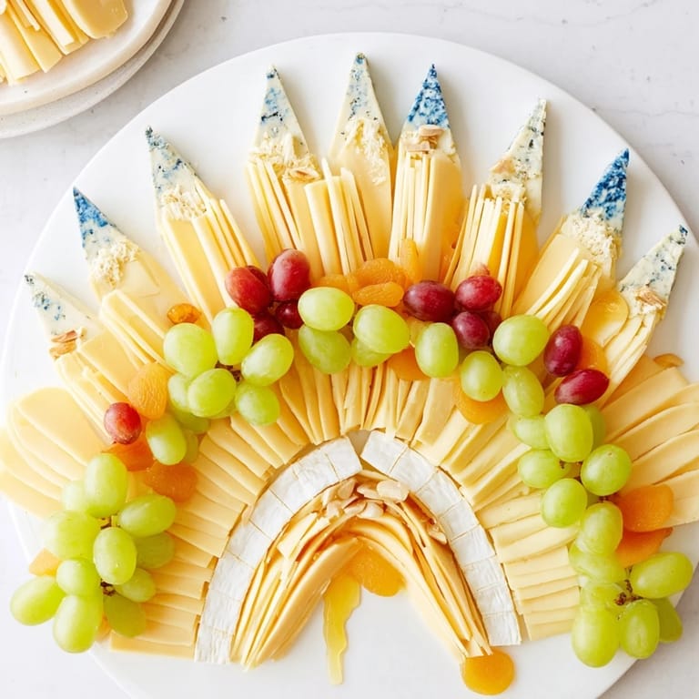 Elegant Art Deco Arch Cheese Platter features cheese fans, grapes, and almonds, perfect for entertaining.