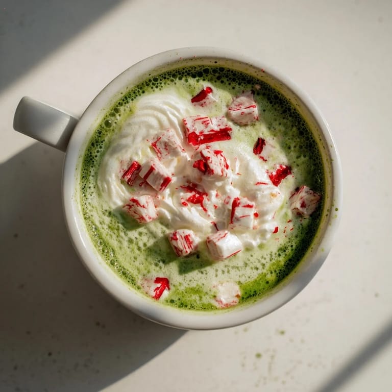 A festive, vibrant shot of homemade Cozy Peppermint Matcha Christmas Latte, perfect holiday flavor.