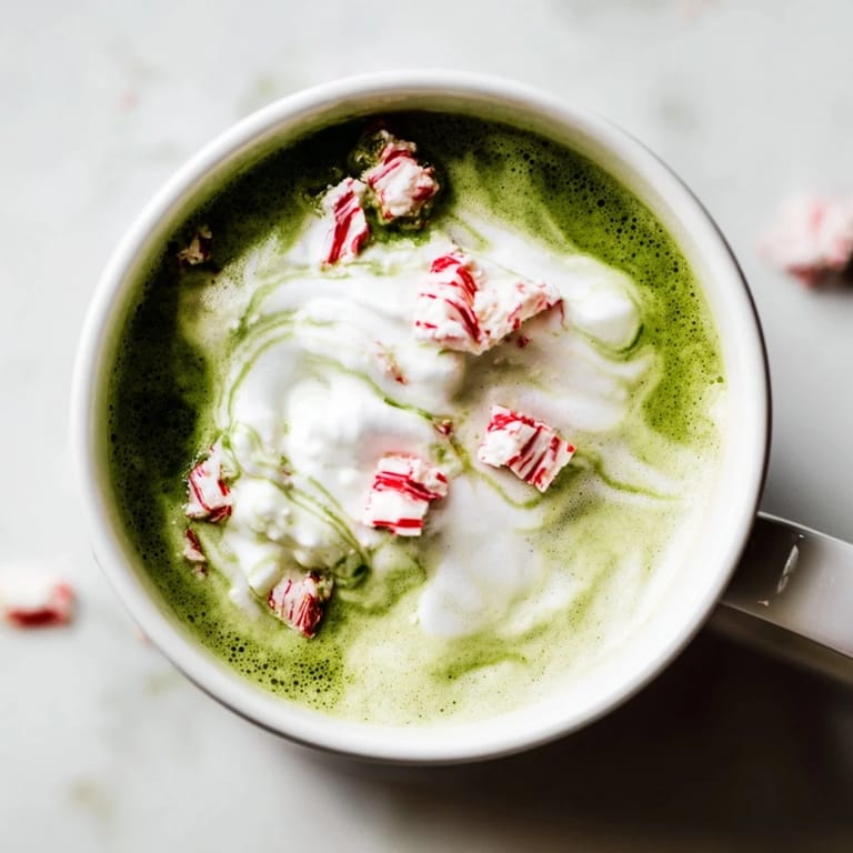 Enjoy a frothy, warm Cozy Peppermint Matcha Christmas Latte with visible matcha and peppermint swirls.