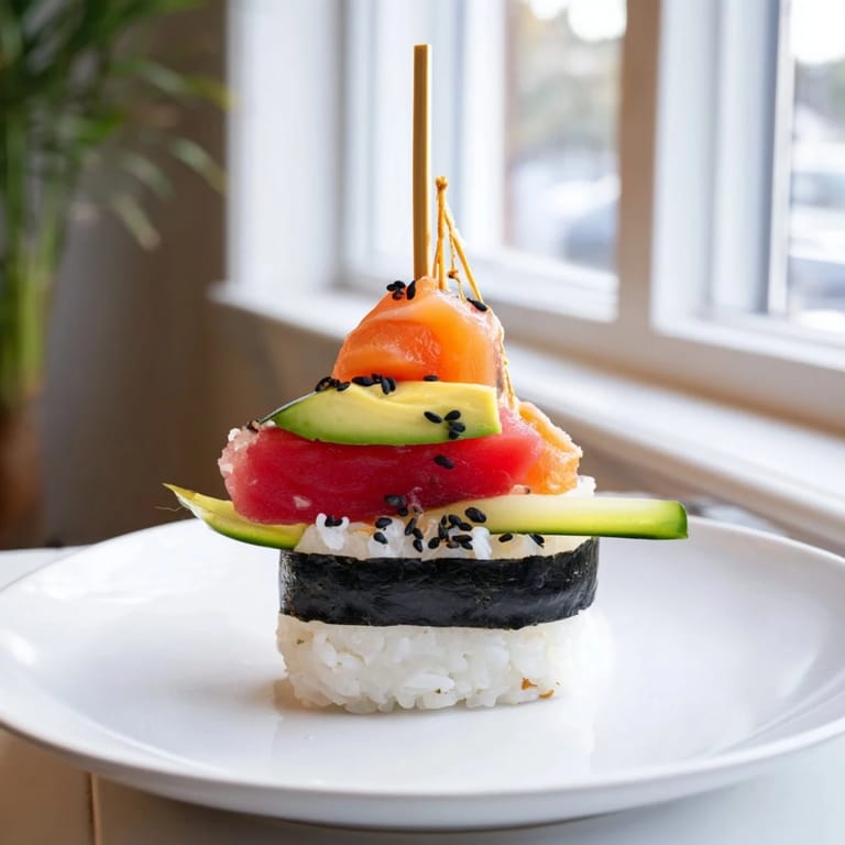 Vibrant Sushi Sailboats at Sea, with thinly sliced fish atop perfectly seasoned rice, a delightful seafood platter.