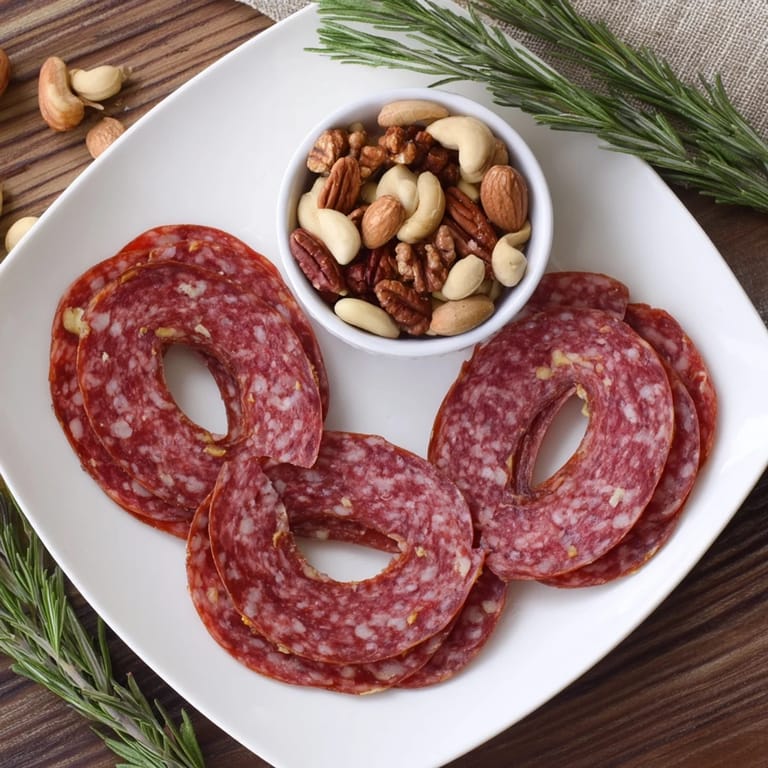 Delectable The Infinity Loop recipe shows salami's looped design, beautifully entwined with mixed nuts for a delightful snack.