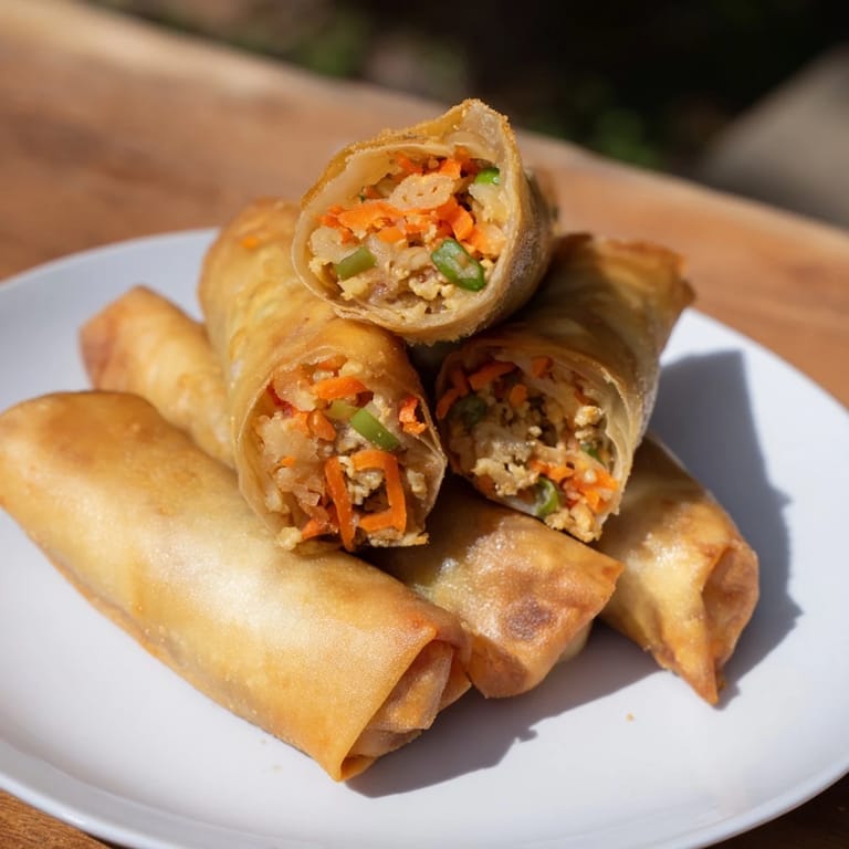 Close-up of freshly air-fried Chicken Lumpia Bites, showcasing their flaky, irresistible golden texture.