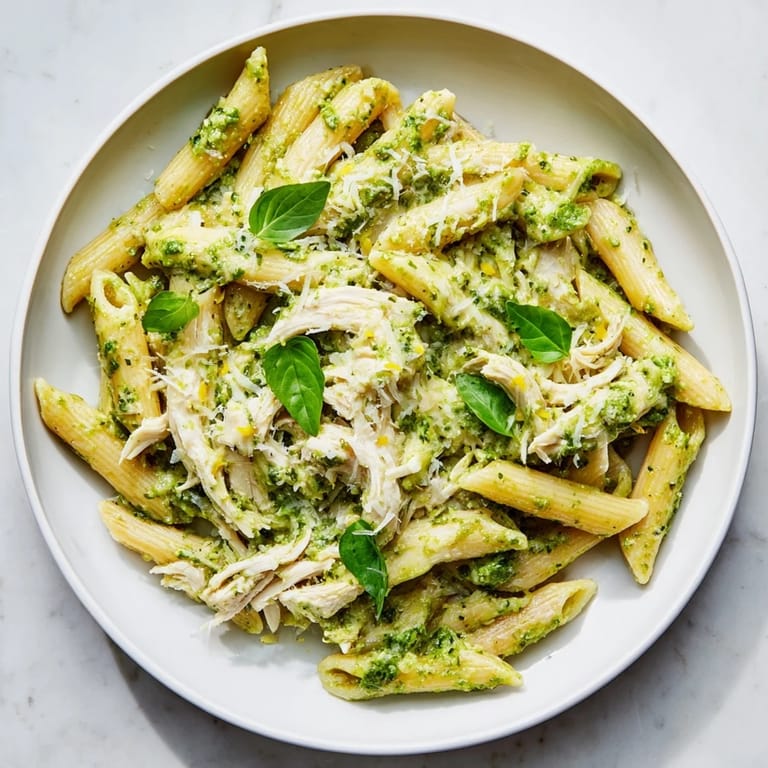 Quick and easy 10-Minute Pesto Pasta with Chicken, showcasing perfectly cooked pasta and tender chicken.