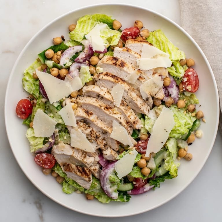 This Chicken Caesar Pasta-less Bowl showcases tender grilled chicken glistening, tossed with crisp romaine and crunchy toppings.