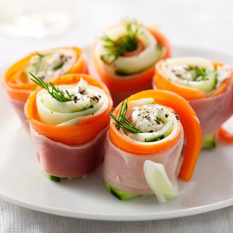 Freshly assembled Ribbon Dancer appetizer features spiraled veggies and savory turkey rolls, ready to serve.