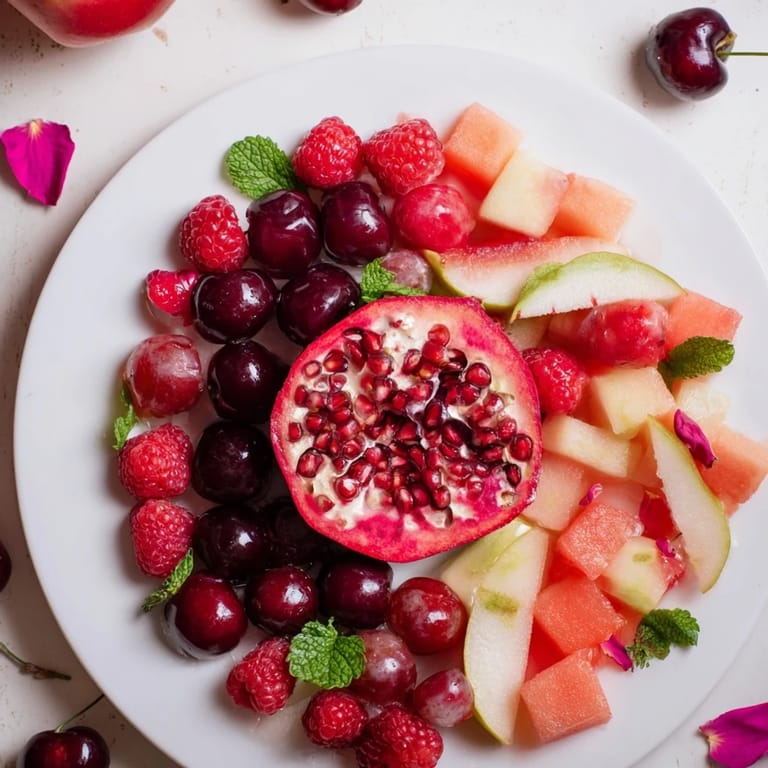 Vibrant red and pink fruits are beautifully displayed in this Pomegranate Pivot appetizer recipe photo.