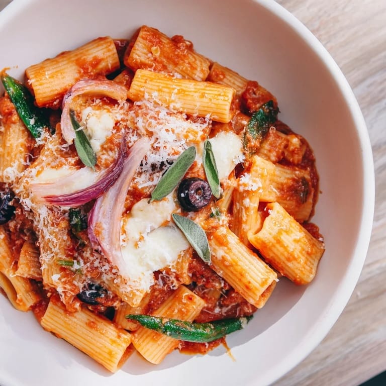 A vibrant close-up showcasing a bubbling One-Pot Pizza Pasta Express, loaded with melted mozzarella.