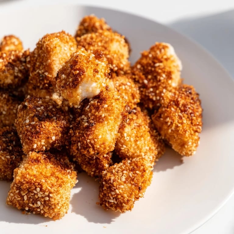 A close-up of baked Spicy Yogurt Chicken Bites, showcasing the delicious golden crust and tender inside.