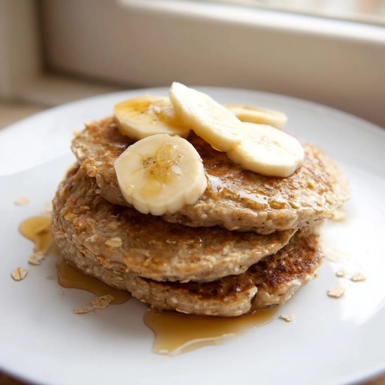 Fluffy banana oat pancakes, warm and inviting, perfect for a quick and healthy family meal.