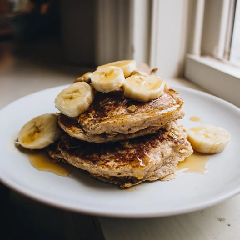 Close-up of golden-brown banana oat pancakes, stacked high, ready to be enjoyed with fresh fruit.