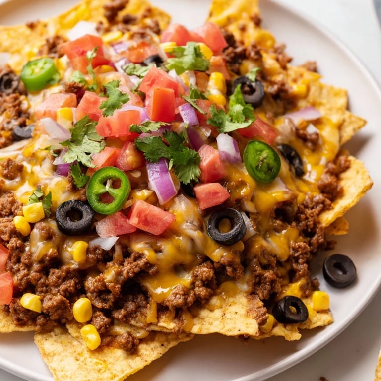 A fully loaded sheet pan of Easy Sheet-Pan Nachos: a Tex-Mex delight with bubbly cheese and savory ground beef.